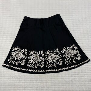 WHBM - Women's Black Flared Cotton Skirt with White Floral Embroidery